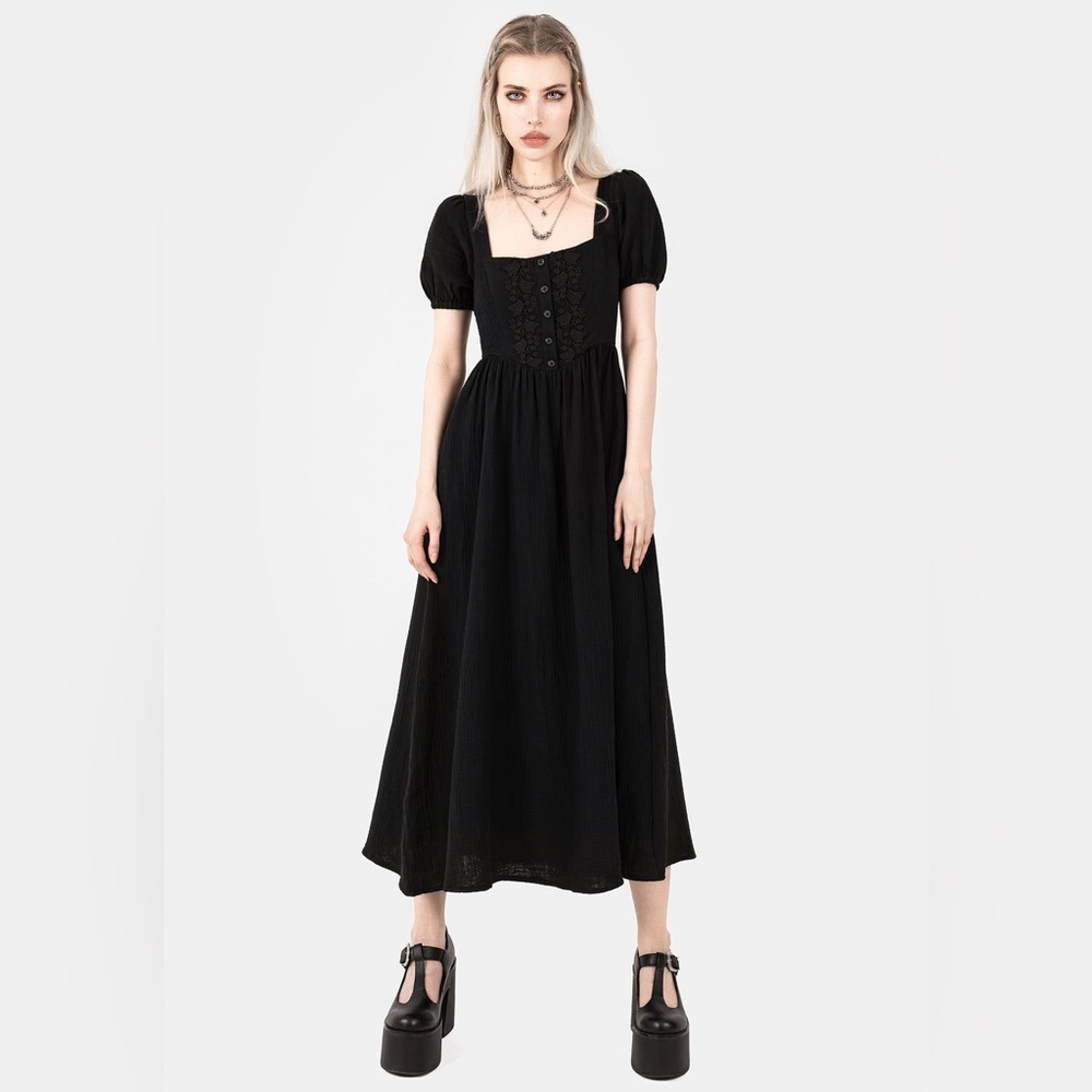 Rare Disturbia Black Alder Midi Dress with Puff Sleeves US sz 8, fits like a 10. - Picture 3 of 7